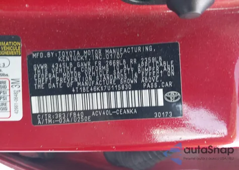 2007 Toyota Camry Le z USA, uszkodzony, nr VIN 4T1BE46KX7U115830